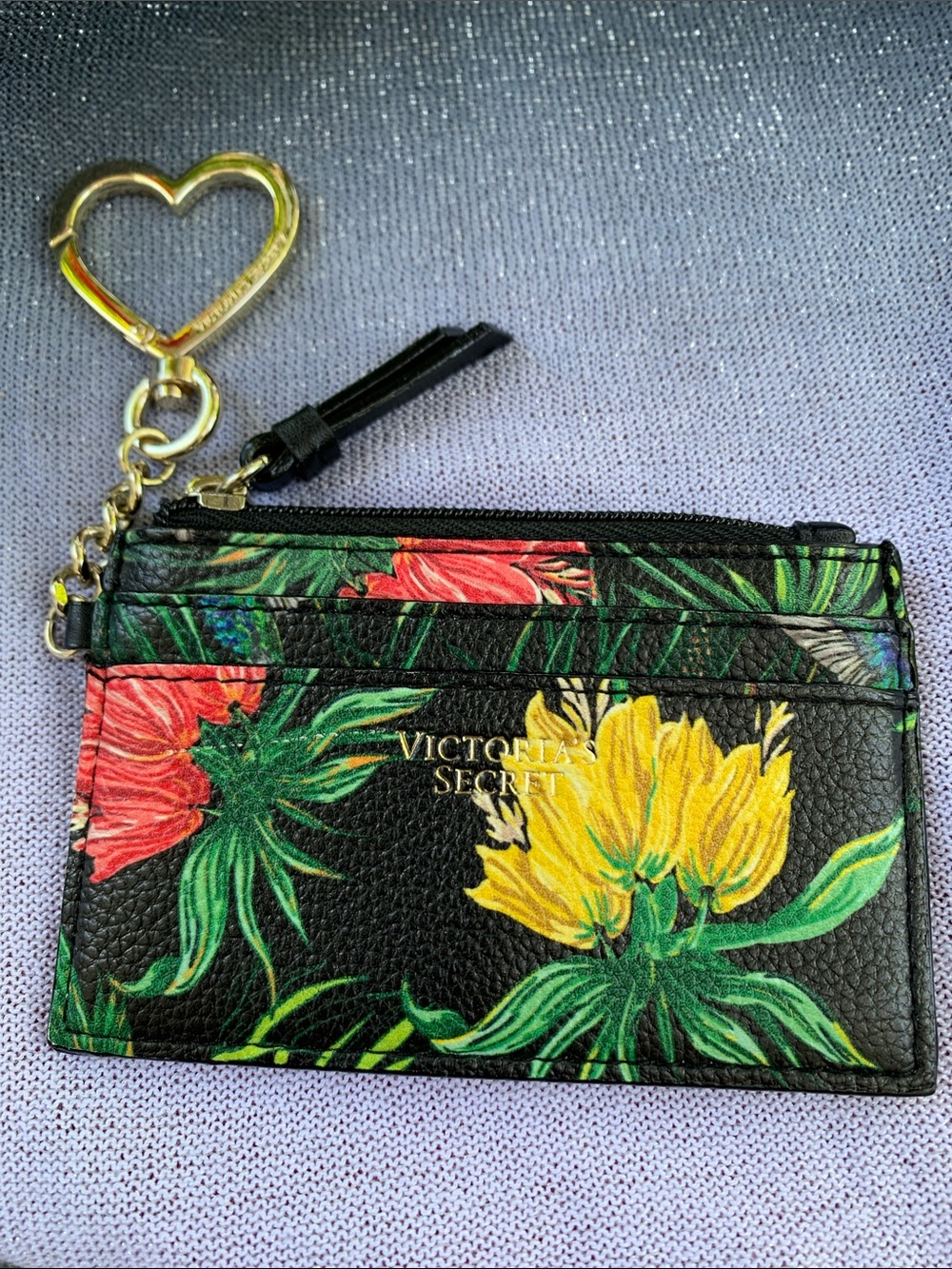 Victoria's Secret Black Floral Card & Key Pouch with Gold Heart Ring(New)